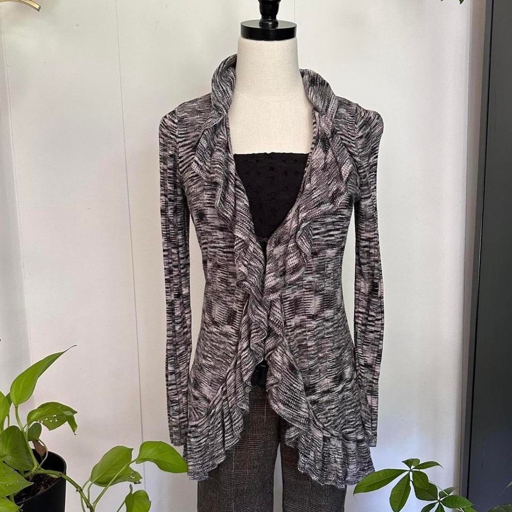 INC International Concepts Y2K Grey Ruffle Knit Cardigan Sweater Womens Medium
